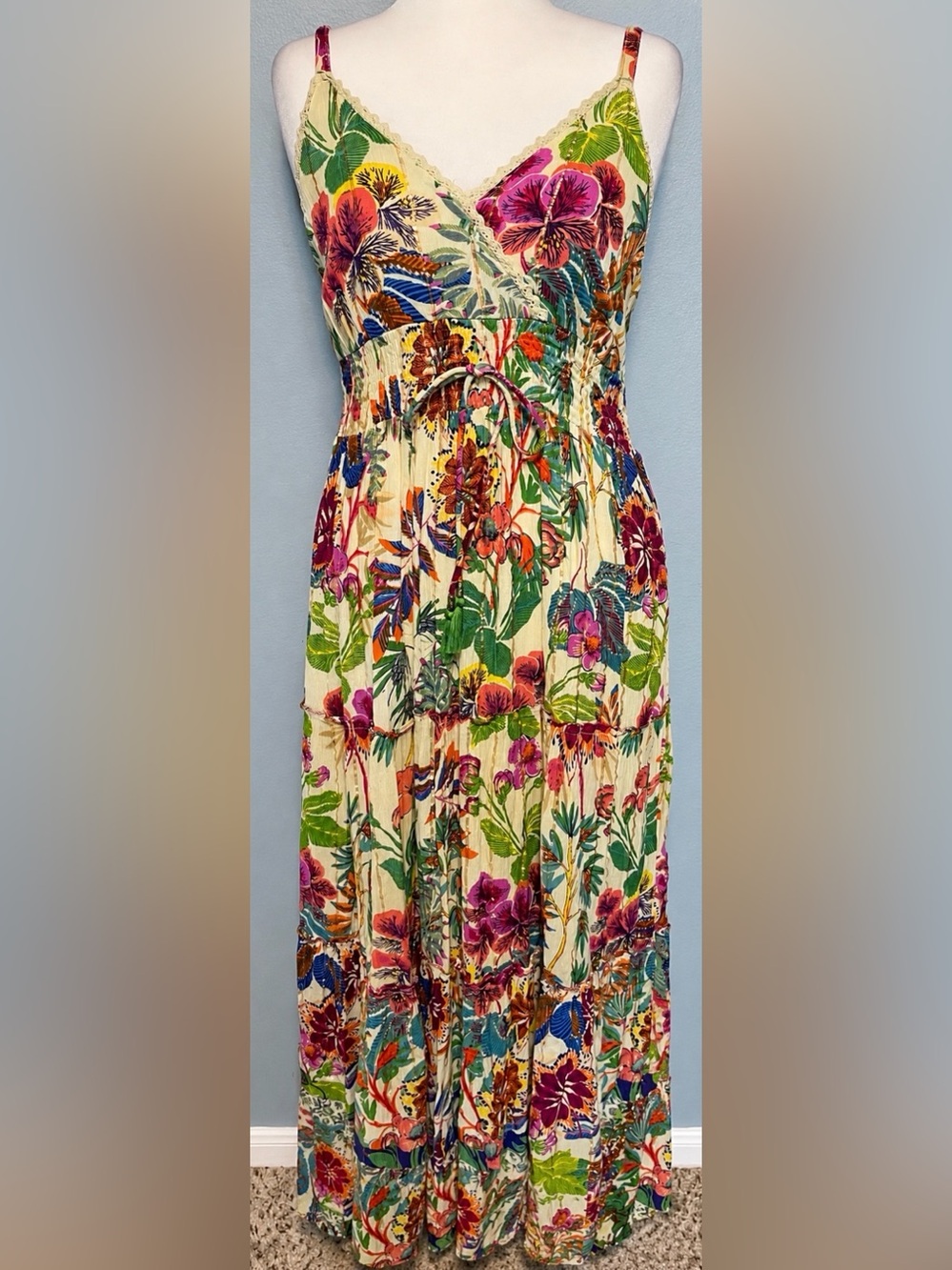 Me 2 Magic Floral Maxi Dress Boho Tiered Lace Trim Empire Waist Tropical XL